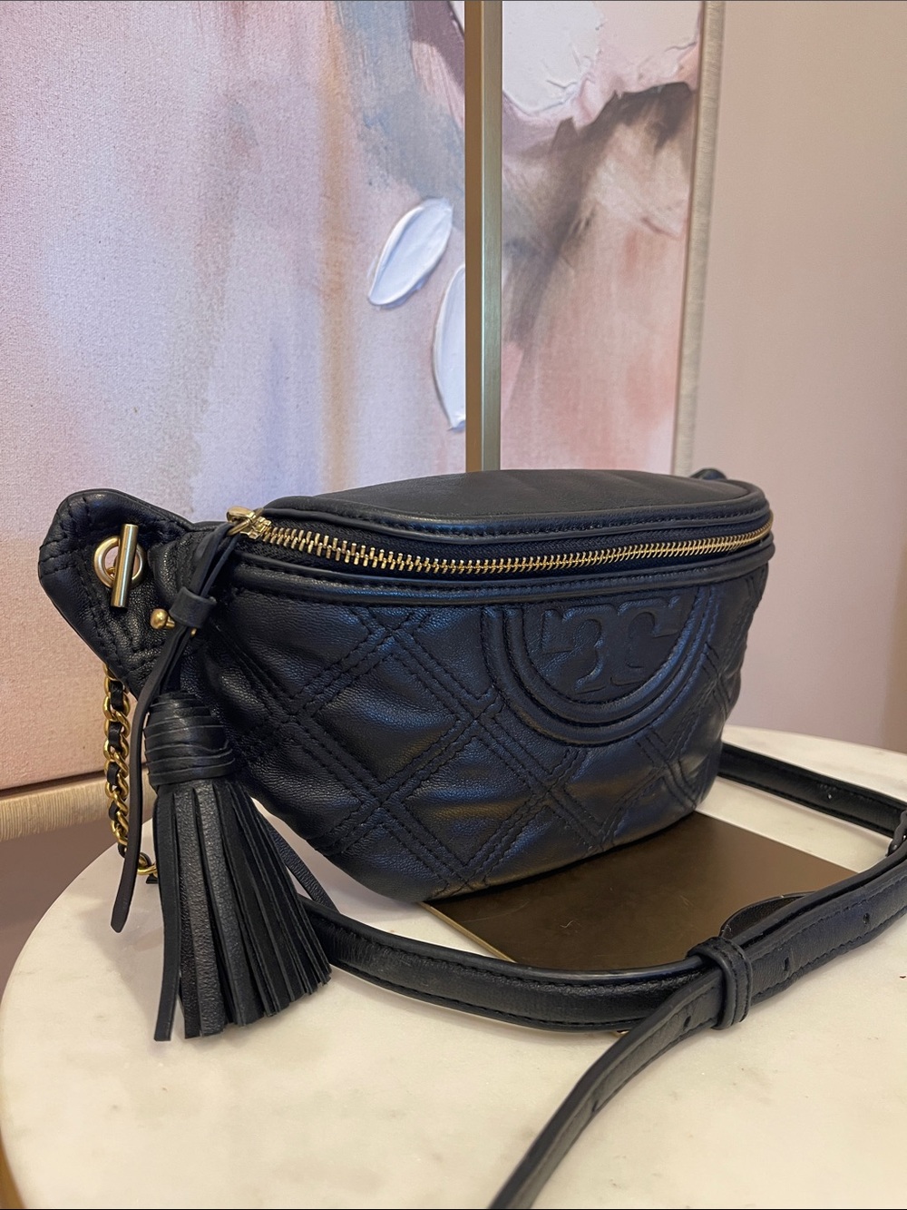 Tory Burch Black Quilted Fleming 
Leather Crossbody Belt Bag with Tassel - Picture 3 of 9